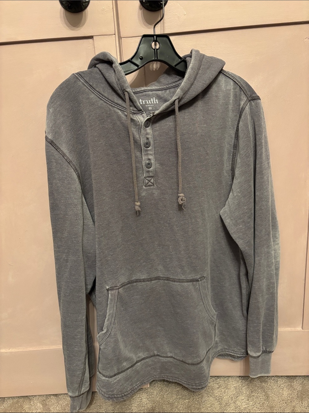 Truth Men's Washed Gray Hooded Henley Sweatshirt